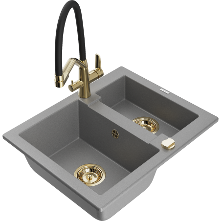 Mexen Carlos granitový dřez 1,5-komorový s kuchyňskou baterií Duo, šedý - 6518-71-671701-57-G