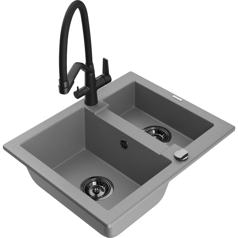 Mexen Carlos granitový dřez 1,5-komorový s kuchyňskou baterií Duo, šedý - 6518-71-671701-70-B