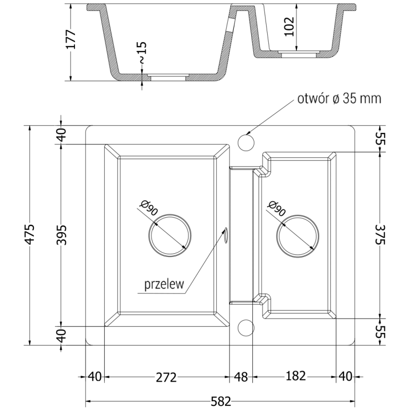 Mexen Carlos žulový dřez 1,5-komorový s kuchyňskou baterií Duo, černý/stříbrný metalik - 6518-73-671701-07