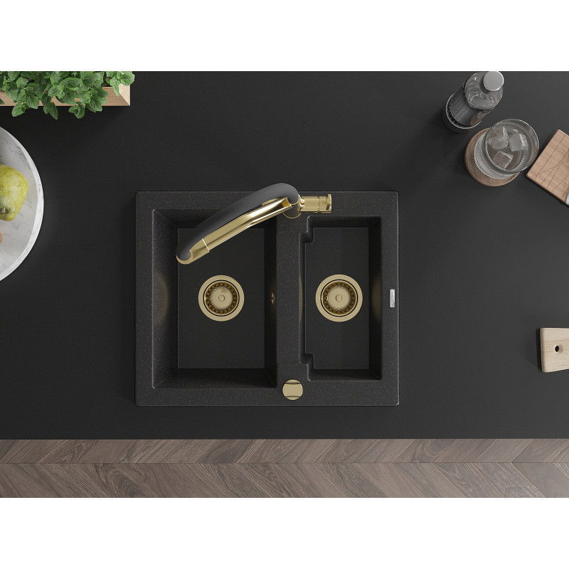 Mexen Carlos granitový dřez s 1,5 komorou a duální kuchyňskou baterií, černý/stříbrný metalik - 6518-73-671701-57-G