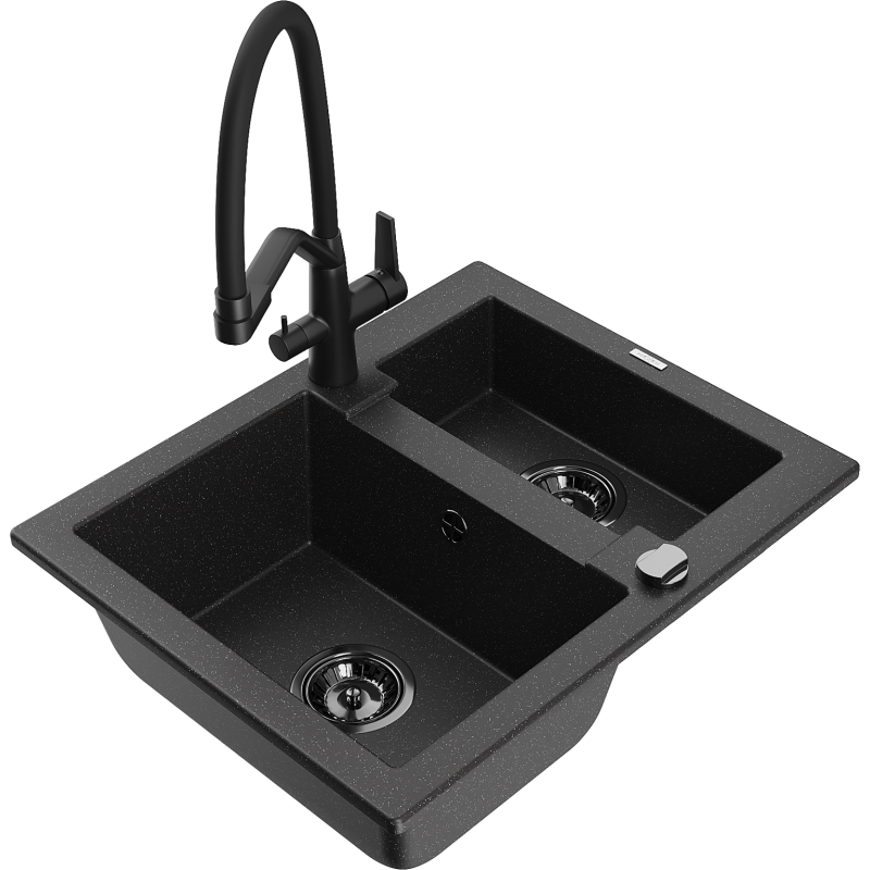 Mexen Carlos dřez žulový 1,5-komorový s kuchyňskou baterií Duo, černý/stříbrný metalík - 6518-73-671701-70-B