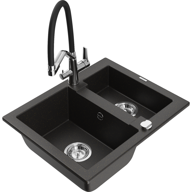 Mexen Carlos žulový kuchyňský dřez 1,5-komorový s kuchyňskou baterií Duo, černá/zlatý metalický - 6518-75-671701-07