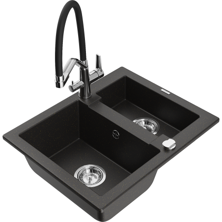 Mexen Carlos žulový kuchyňský dřez 1,5-komorový s kuchyňskou baterií Duo, černá/zlatý metalický - 6518-75-671701-07