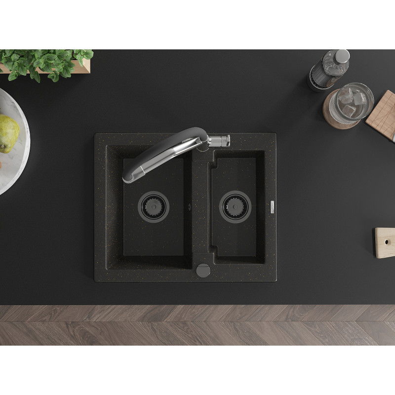 Mexen Carlos granitový dřez s 1,5 komorou a kuchyňskou baterií Duo, černý/zlatý metalik - 6518-75-671701-07-B