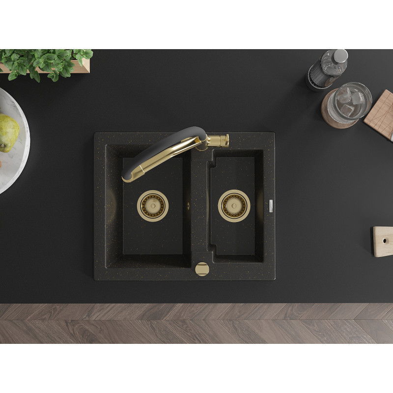 Mexen Carlos granitový dřez 1,5-komorový s kuchyňskou baterií Duo, černý/zlatý metalik - 6518-75-671701-57-G