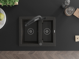 Mexen Carlos žulový dřez 1,5-komorový s kuchyňskou baterií Duo, černý/zlatý metalík - 6518-75-671701-70-B