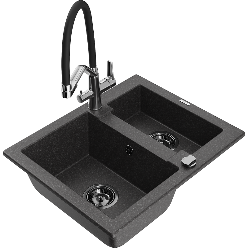 Mexen Carlos granitový dřez 1,5-komorový s kuchyňskou baterií Duo, černý skvrnitý - 6518-76-671701-07-B