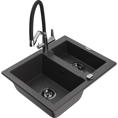 Mexen Carlos granitový dřez 1,5-komorový s kuchyňskou baterií Duo, černý skvrnitý - 6518-76-671701-07-B