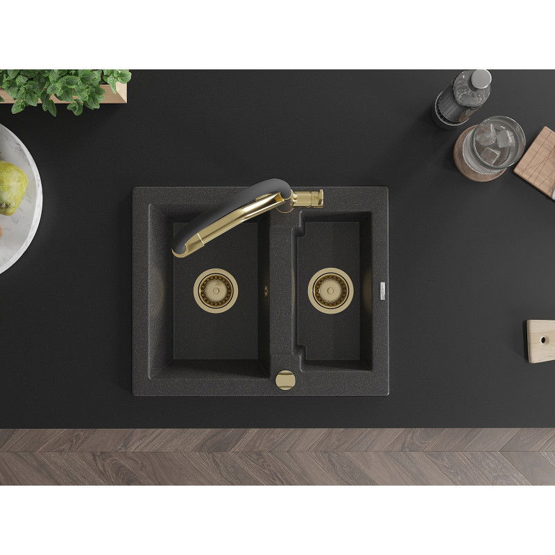 Mexen Carlos žulový dřez 1,5-komorový s kuchyňskou baterií Duo, černý tečkovaný - 6518-76-671701-57-G