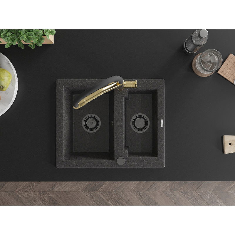 Mexen Carlos granitový dřez 1,5-komorový s kuchyňskou baterií Duo, černý tečkovaný - 6518-76-671701-57-B