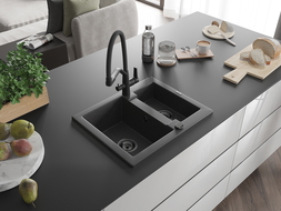 Mexen Carlos granitový dřez s 1,5 komorou a kuchyňskou baterií Duo, černý skvrnitý - 6518-76-671701-70-B