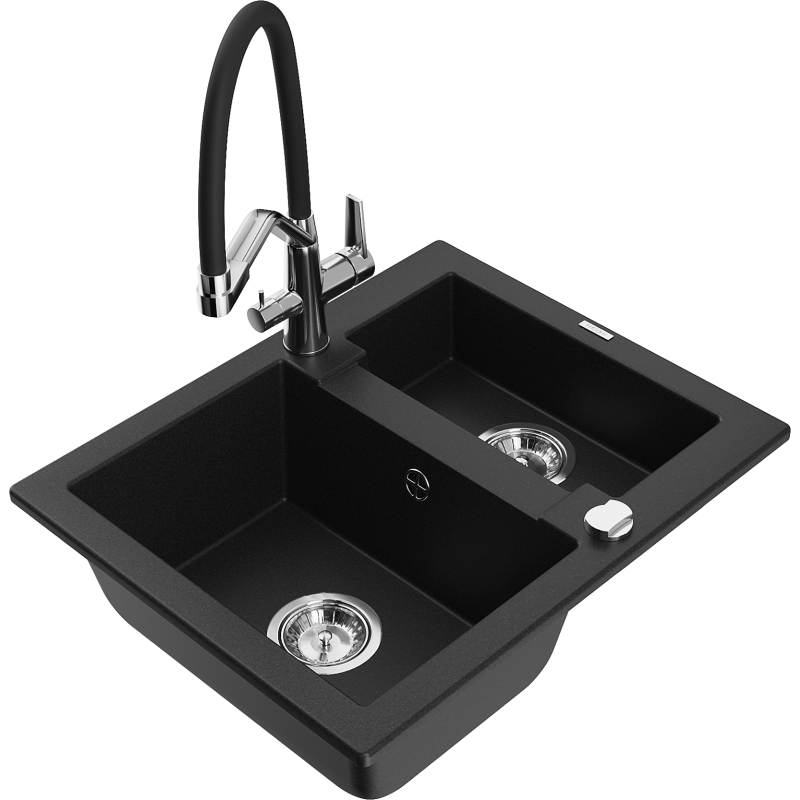 Mexen Carlos granitový dřez 1,5-komorový s kuchyňskou baterií Duo, černý - 6518-77-671701-07