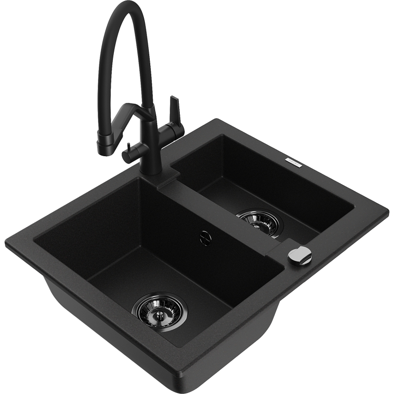 Mexen Carlos granitový dřez 1,5-komorový s kuchyňskou baterií Duo, černý - 6518-77-671701-70-B