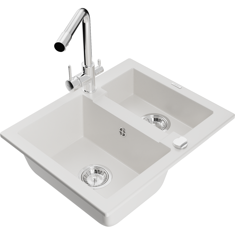 Mexen Carlos granitový dřez s 1,5 komorami s kuchyňskou baterií Duero, bílý - 6518-20-671600-00