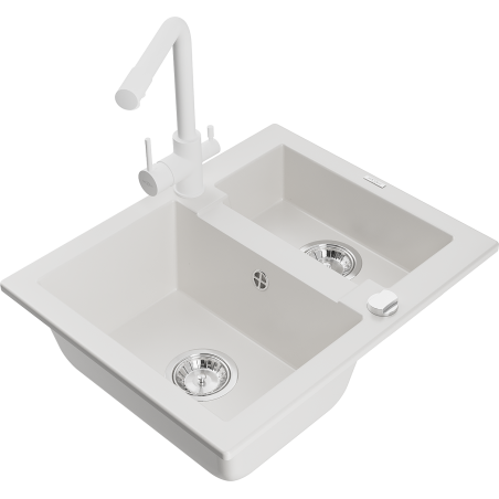 Mexen Carlos žulový dřez 1,5-komorový s kuchyňskou baterií Duero, bílý - 6518-20-671600-20