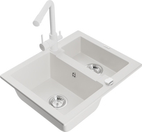 Mexen Carlos žulový dřez 1,5-komorový s kuchyňskou baterií Duero, bílý - 6518-20-671600-20