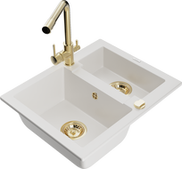 Mexen Carlos žulový dřez 1,5-komorový s kuchyňskou baterií Duero, bílý - 6518-20-671600-50