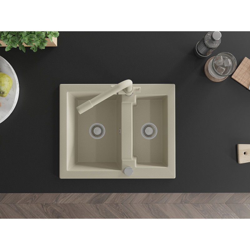 Mexen Carlos žulový dřez 1,5-komorový s kuchyňskou baterií Duero, béžový - 6518-69-671600-69
