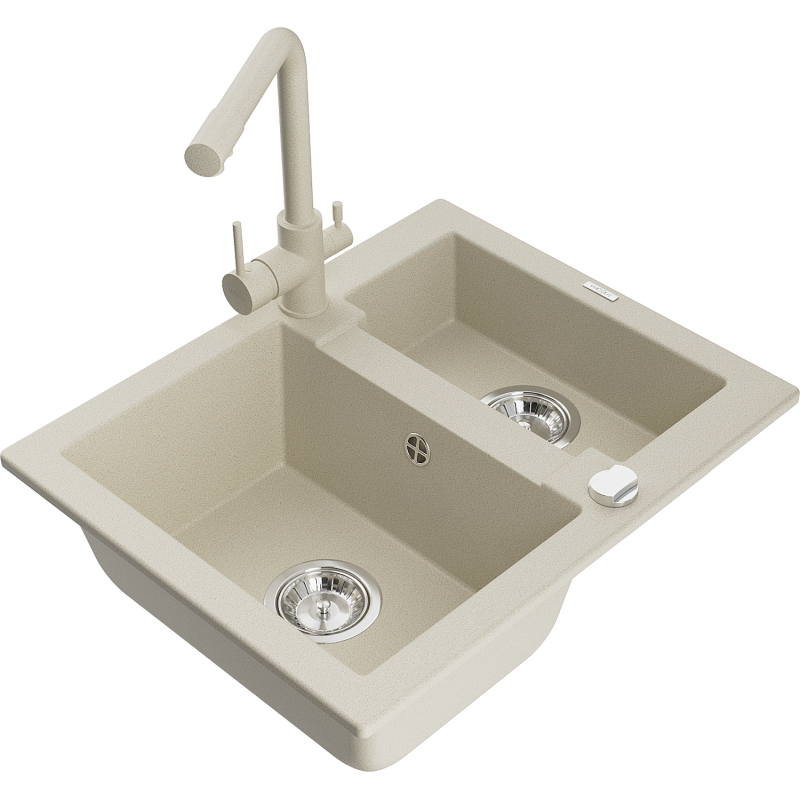 Mexen Carlos žulový dřez 1,5-komorový s kuchyňskou baterií Duero, béžový - 6518-69-671600-69