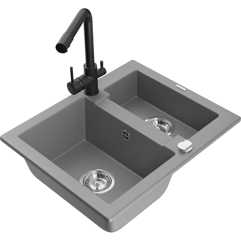 Mexen Carlos granitový dřez 1,5-komorový s kuchyňskou baterií Duero, šedý - 6518-71-671600-70