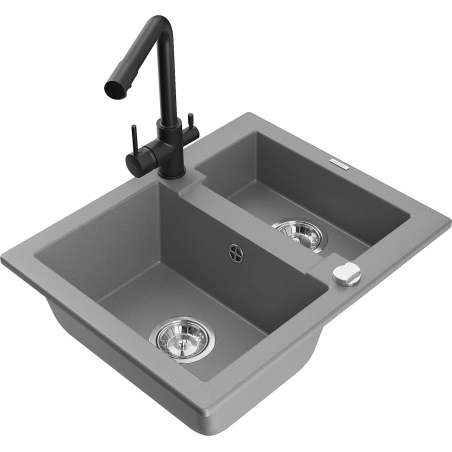 Mexen Carlos granitový dřez 1,5-komorový s kuchyňskou baterií Duero, šedý - 6518-71-671600-70