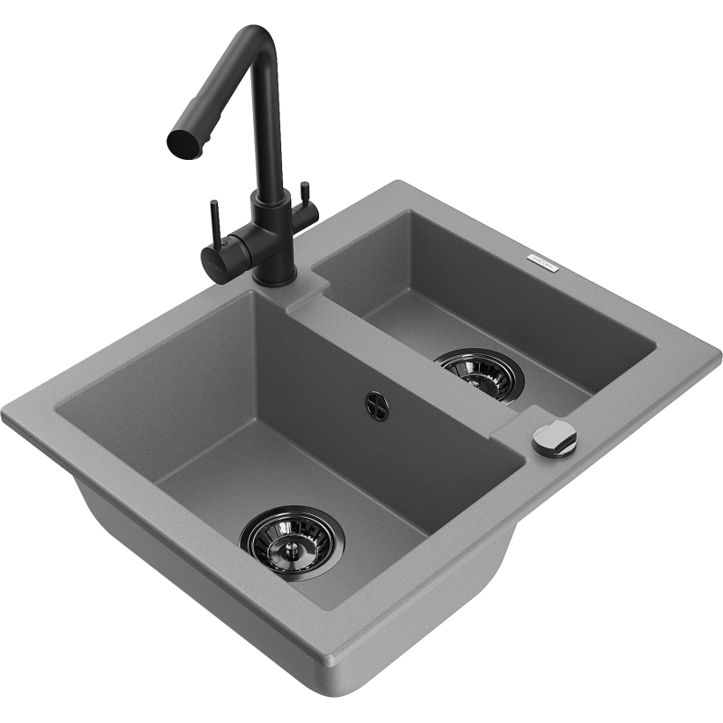 Mexen Carlos granitový dřez 1,5 komorový s kuchyňskou baterií Duero, šedý - 6518-71-671600-70-B