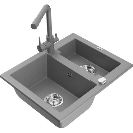Mexen Carlos granitový dřez 1,5-komorový s kuchyňskou baterií Duero, šedý - 6518-71-671600-71