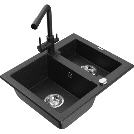 Mexen Carlos granitový dřez 1,5-komorový s kuchyňskou baterií Duero, černý/stříbrný metalický - 6518-73-671600-70