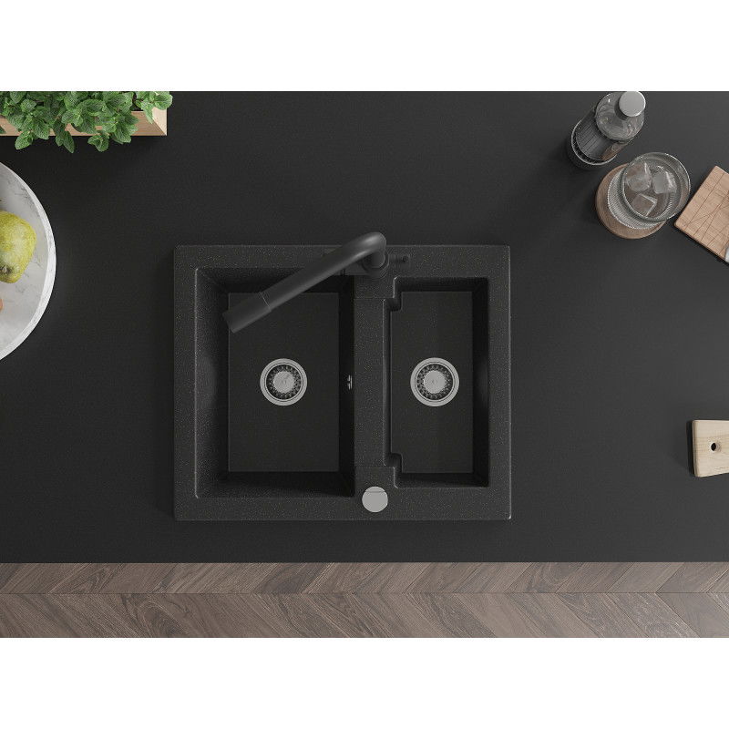 Mexen Carlos granitový dřez 1,5-komorový s kuchyňskou baterií Duero, černý/stříbrný metalický - 6518-73-671600-70