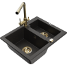 Mexen Carlos granitový dřez 1,5-komorový s kuchyňskou baterií Duero, černý/zlatý metalik - 6518-75-671600-50
