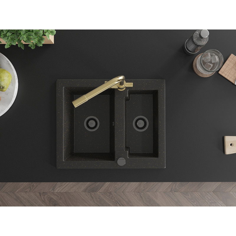 Mexen Carlos granitový dřez 1,5-komorový s kuchyňskou baterií Duero, černý/zlatý metalický - 6518-75-671600-50-B