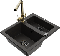 Mexen Carlos granitový dřez 1,5-komorový s kuchyňskou baterií Duero, černý/zlatý metalický - 6518-75-671600-50-B