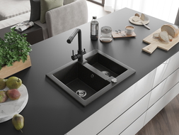 Mexen Carlos granitový dřez 1,5-komorový s kuchyňskou baterií Duero, černý/zlatý metalik - 6518-75-671600-70