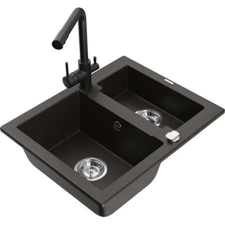 Mexen Carlos granitový dřez 1,5-komorový s kuchyňskou baterií Duero, černý/zlatý metalik - 6518-75-671600-70