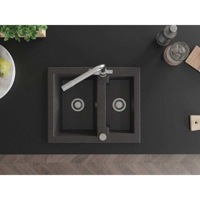 Mexen Carlos granitový dřez 1,5-komorový s kuchyňskou baterií Duero, černý skvrnitý - 6518-76-671600-00