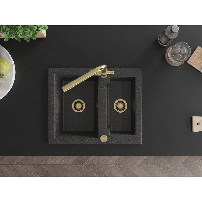 Mexen Carlos granitový dřez 1,5-komorový s kuchyňskou baterií Duero, černý tečkovaný - 6518-76-671600-50