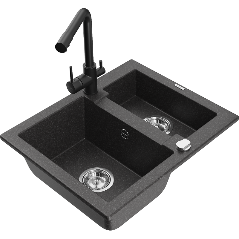 Mexen Carlos granitový dřez 1,5-komorový s kuchyňskou baterií Duero, černý s tečkováním - 6518-76-671600-70