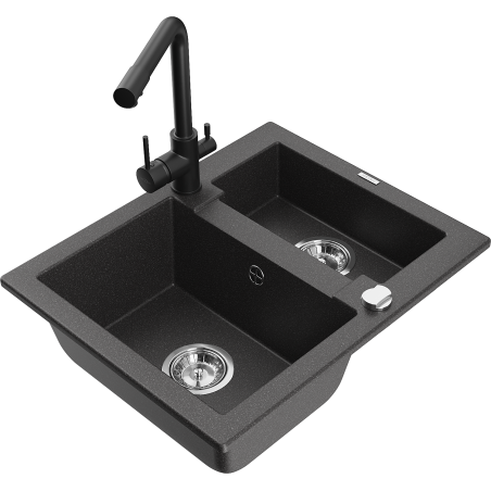 Mexen Carlos granitový dřez 1,5-komorový s kuchyňskou baterií Duero, černý s tečkováním - 6518-76-671600-70
