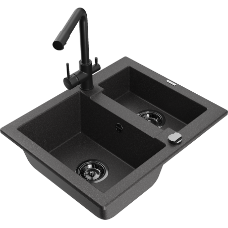 Mexen Carlos žulový dřez 1,5-komorový s kuchyňskou baterií Duero, černý s tečkami - 6518-76-671600-70-B