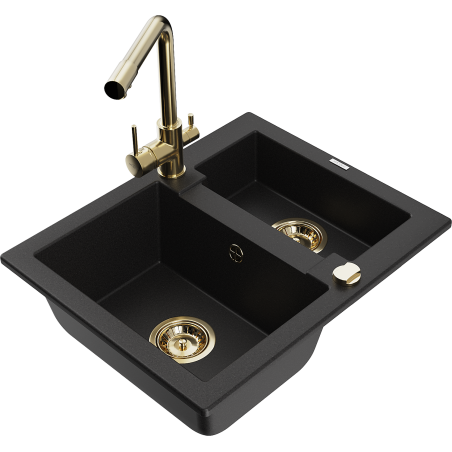 Mexen Carlos granitový dřez 1,5komorový s kuchyňskou baterií Duero, černý - 6518-77-671600-50