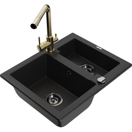 Mexen Carlos granitový dřez s 1,5 komorou a kuchyňskou baterií Duero, černý - 6518-77-671600-50-B
