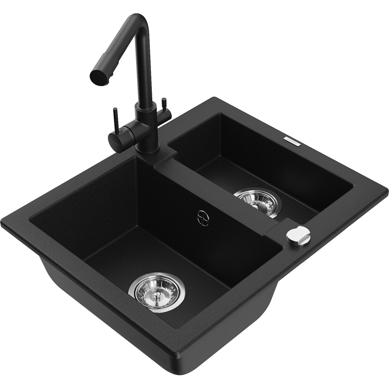 Mexen Carlos granitový dřez 1,5-komorový s kuchyňskou baterií Duero, černý - 6518-77-671600-70