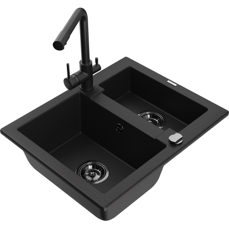 Mexen Carlos žulový dřez 1,5-komorový s kuchyňskou baterií Duero, černý - 6518-77-671600-70-B