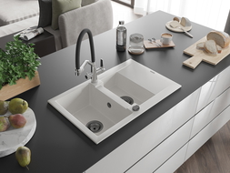 Mexen Gaspar granitoový dřez 1,5-komorový s odkapávačem a kuchyňskou baterií Duo, bílý - 6507-20-671701-07-B