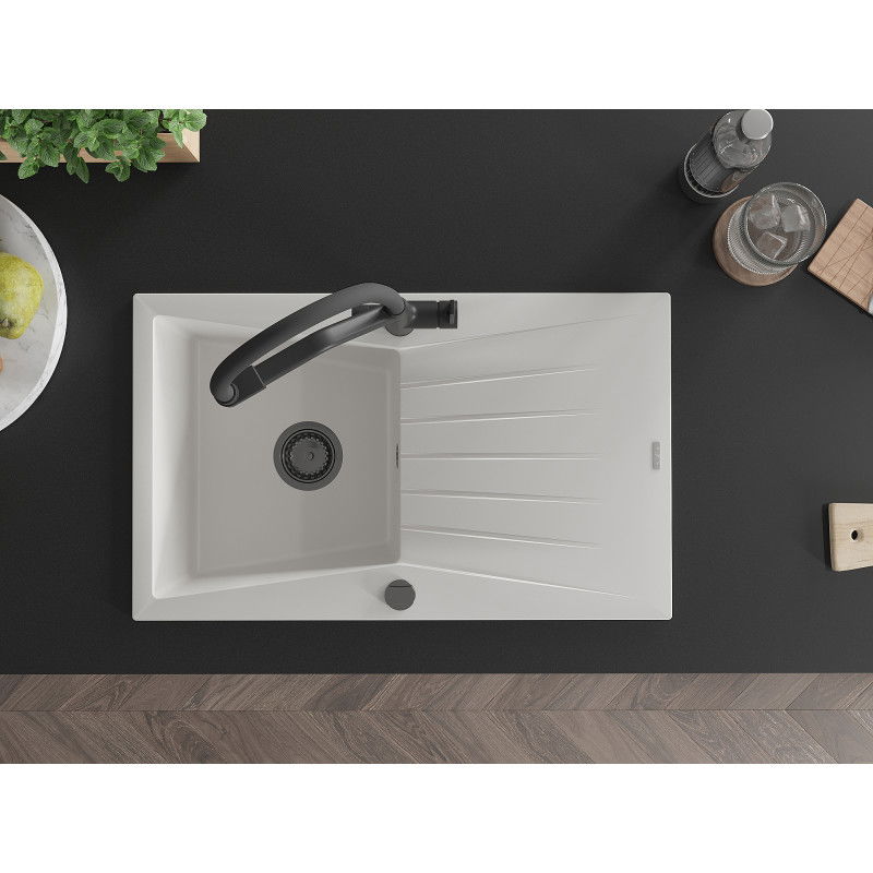 Mexen Cesar granitový dřez 1-komorový s odkapávačem a kuchyňskou baterií Duo, bílý - 6514-20-671701-70-B