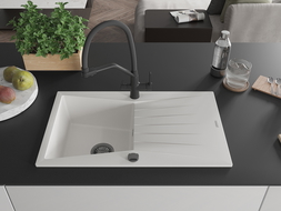 Mexen Cesar granitový dřez 1-komorový s odkapávačem a kuchyňskou baterií Duo, bílý - 6514-20-671701-70-B