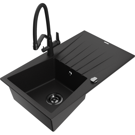 Mexen Cesar granitový dřez s 1 komorou, odkapávačem a kuchyňskou baterií Duo, černý - 6514-77-671701-70-B