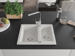 Mexen Carlos žulový dřez 1,5-komorový s kuchyňskou baterií Rita, bílý - 6518-20-670300-00