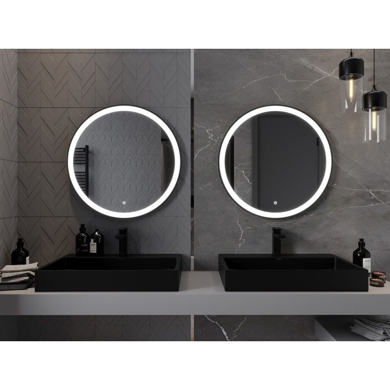 Mexen Esso kulaté podsvícené koupelnové zrcadlo, 70 cm, LED 6000K, protimlžicí, černý rám - 9825-070-070-611-70