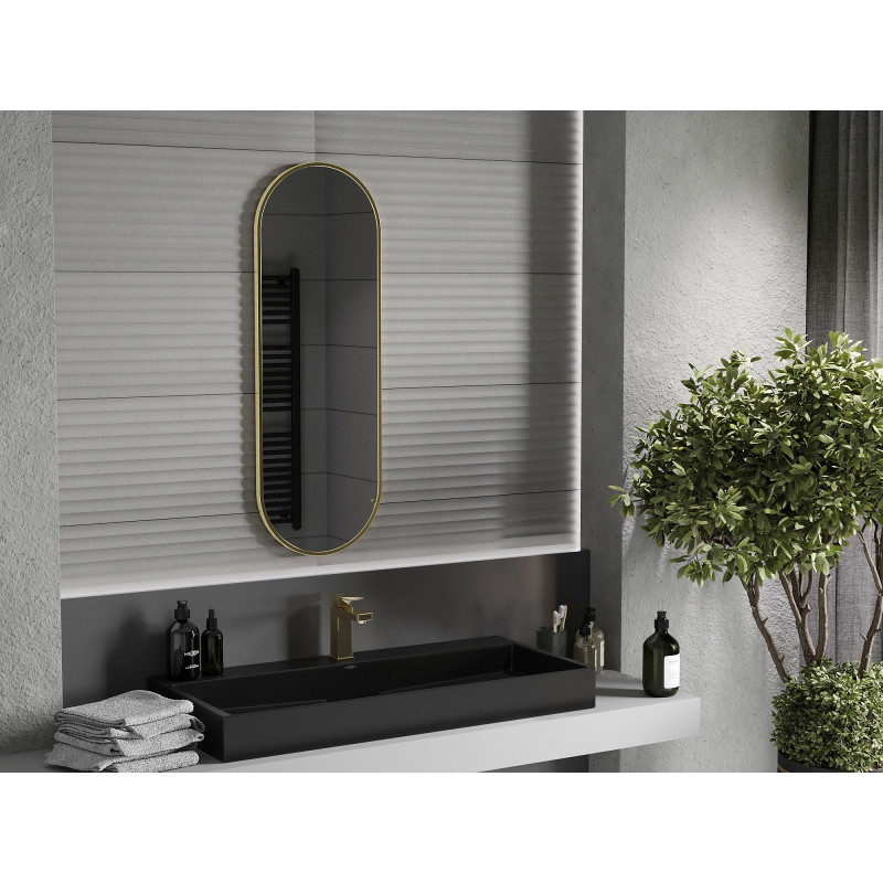 Mexen Loft Oválné koupelnové zrcadlo 100 x 35 cm, rám v kartáčovaném zlatém provedení - 9851-100-035-000-50